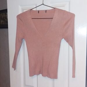 Ribbed V-Neck Sweater in Pink, XS(?), Y2K Cut